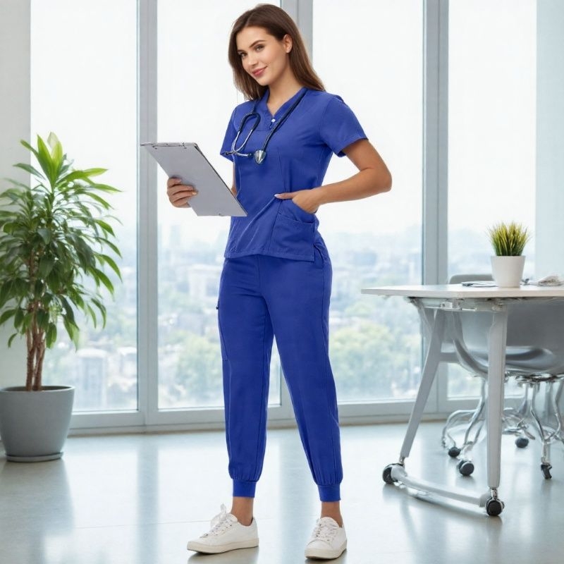 Unisex uniforma za medicinske sestre – split set, kratke rukave, V-dekolte, prozračan brzo-sušeći materijal od poliestera i spandexa, ljeto-proljeće