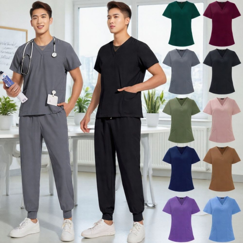 Unisex uniforma za medicinske sestre – split set, kratke rukave, V-dekolte, prozračan brzo-sušeći materijal od poliestera i spandexa, ljeto-proljeće