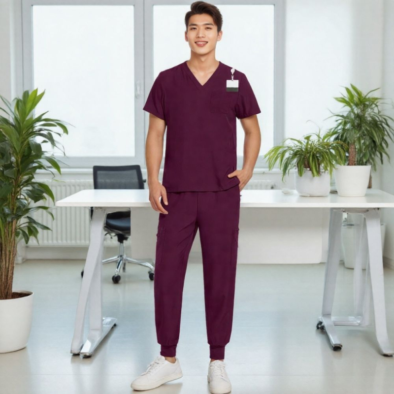 Unisex uniforma za medicinske sestre – split set, kratke rukave, V-dekolte, prozračan brzo-sušeći materijal od poliestera i spandexa, ljeto-proljeće