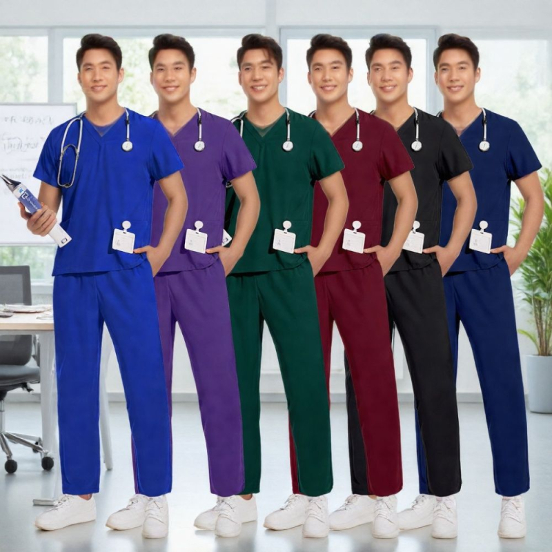 Unisex uniforma za medicinske sestre – split set, kratke rukave, V-dekolte, prozračan brzo-sušeći materijal od poliestera i spandexa, ljeto-proljeće