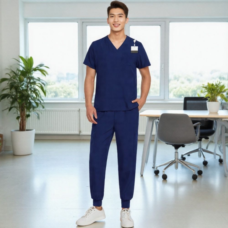 Unisex uniforma za medicinske sestre – split set, kratke rukave, V-dekolte, prozračan brzo-sušeći materijal od poliestera i spandexa, ljeto-proljeće