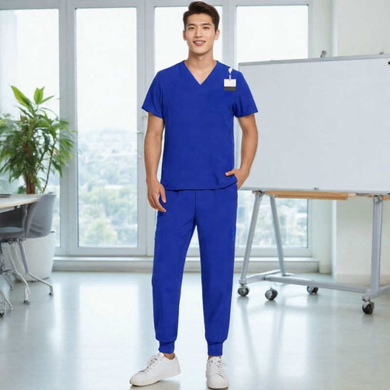 Unisex uniforma za medicinske sestre – split set, kratke rukave, V-dekolte, prozračan brzo-sušeći materijal od poliestera i spandexa, ljeto-proljeće