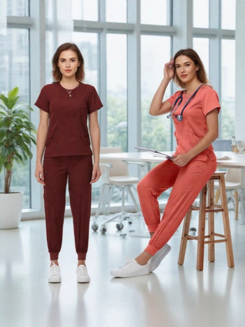 Unisex īsām piedurknēm dalīts medicīniskās uniformas komplekts, elpojošs poliestera-spandex maisījums, V-veida kakls, vasaras–pavasara sezonai