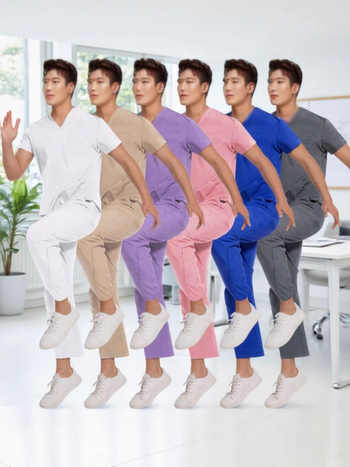 Unisex īsām piedurknēm dalīts medicīniskās uniformas komplekts, elpojošs poliestera-spandex maisījums, V-veida kakls, vasaras–pavasara sezonai