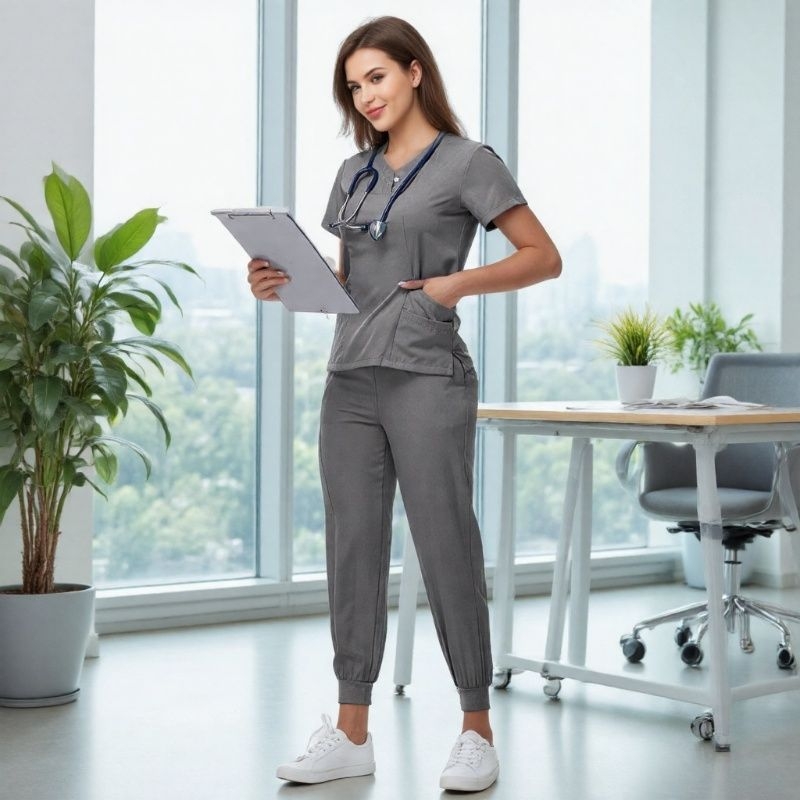 Unisex īsām piedurknēm dalīts medicīniskās uniformas komplekts, elpojošs poliestera-spandex maisījums, V-veida kakls, vasaras–pavasara sezonai