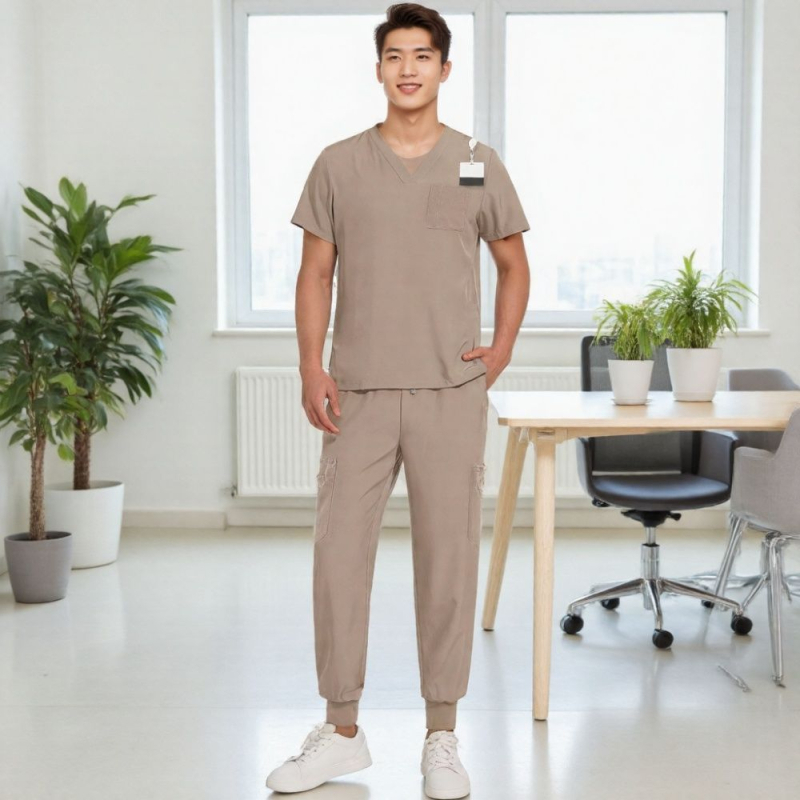 Unisex īsām piedurknēm dalīts medicīniskās uniformas komplekts, elpojošs poliestera-spandex maisījums, V-veida kakls, vasaras–pavasara sezonai