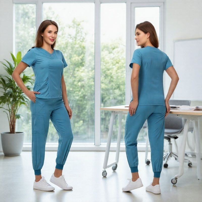 Unisex īsām piedurknēm dalīts medicīniskās uniformas komplekts, elpojošs poliestera-spandex maisījums, V-veida kakls, vasaras–pavasara sezonai