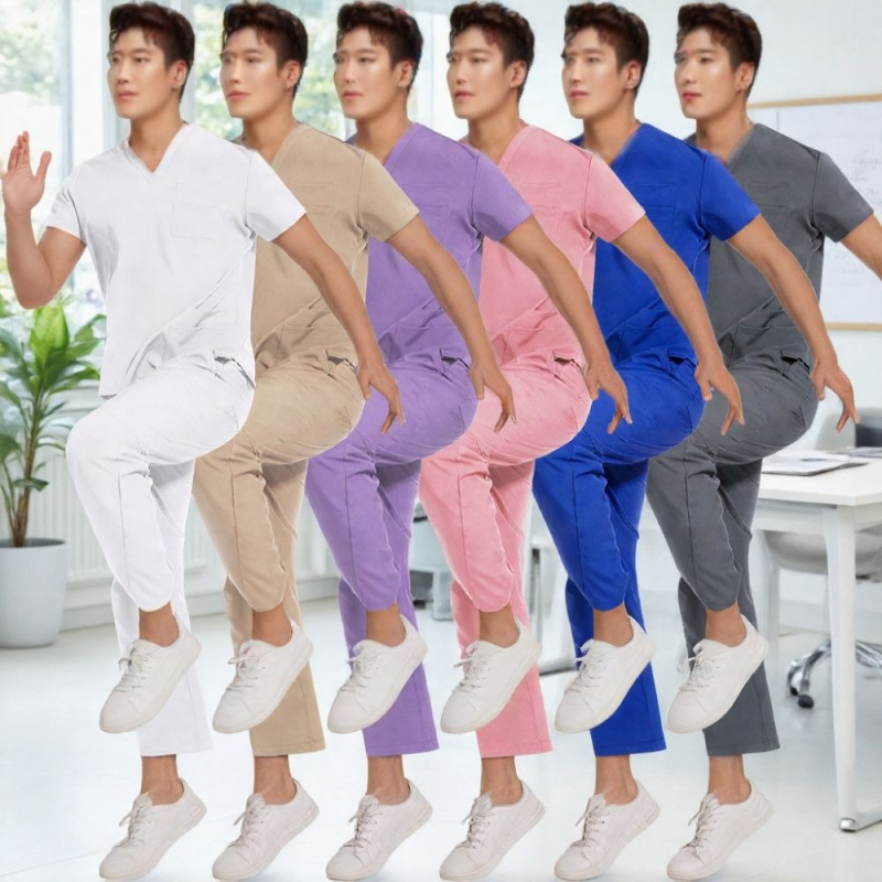 Unisex īsām piedurknēm dalīts medicīniskās uniformas komplekts, elpojošs poliestera-spandex maisījums, V-veida kakls, vasaras–pavasara sezonai