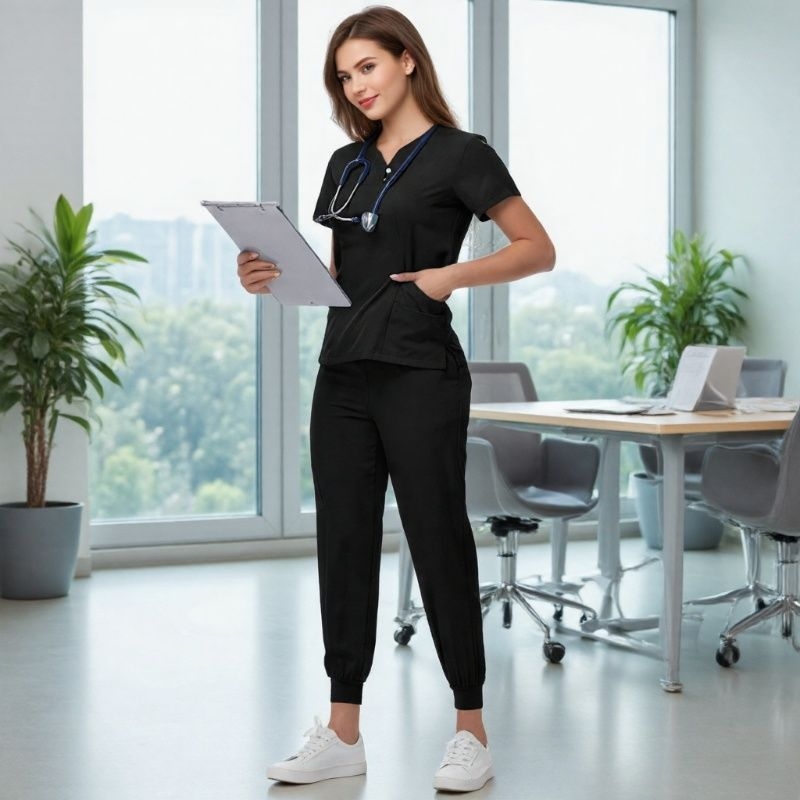 Unisex īsām piedurknēm dalīts medicīniskās uniformas komplekts, elpojošs poliestera-spandex maisījums, V-veida kakls, vasaras–pavasara sezonai