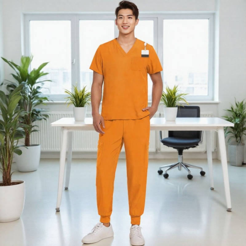 Unisex īsām piedurknēm dalīts medicīniskās uniformas komplekts, elpojošs poliestera-spandex maisījums, V-veida kakls, vasaras–pavasara sezonai