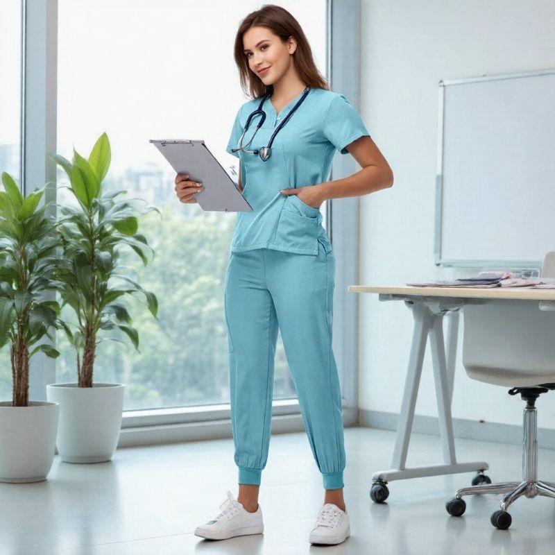 Unisex īsām piedurknēm dalīts medicīniskās uniformas komplekts, elpojošs poliestera-spandex maisījums, V-veida kakls, vasaras–pavasara sezonai