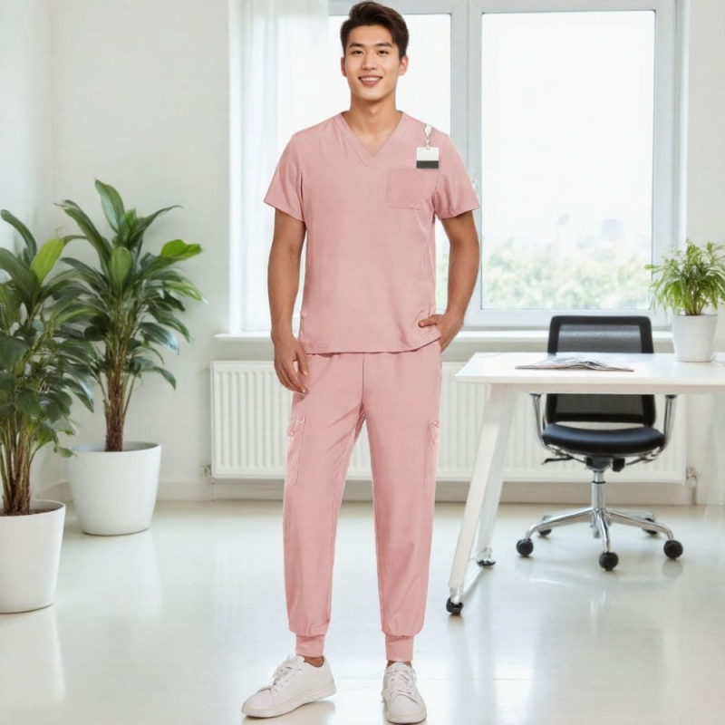 Unisex īsām piedurknēm dalīts medicīniskās uniformas komplekts, elpojošs poliestera-spandex maisījums, V-veida kakls, vasaras–pavasara sezonai