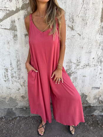 Sieviešu kokvilnas un lina kombinezonu, bez piedurknēm, brīva josta un platām biksēm, patchwork detaļa, vasara 2025