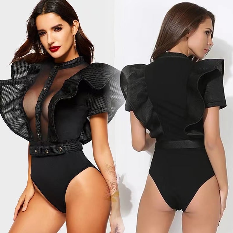 HX0255 Kombinezons ar lotusa lapu piedurknēm, ļoti zems viduklis, šaurs griezums, poliesters-spandeks