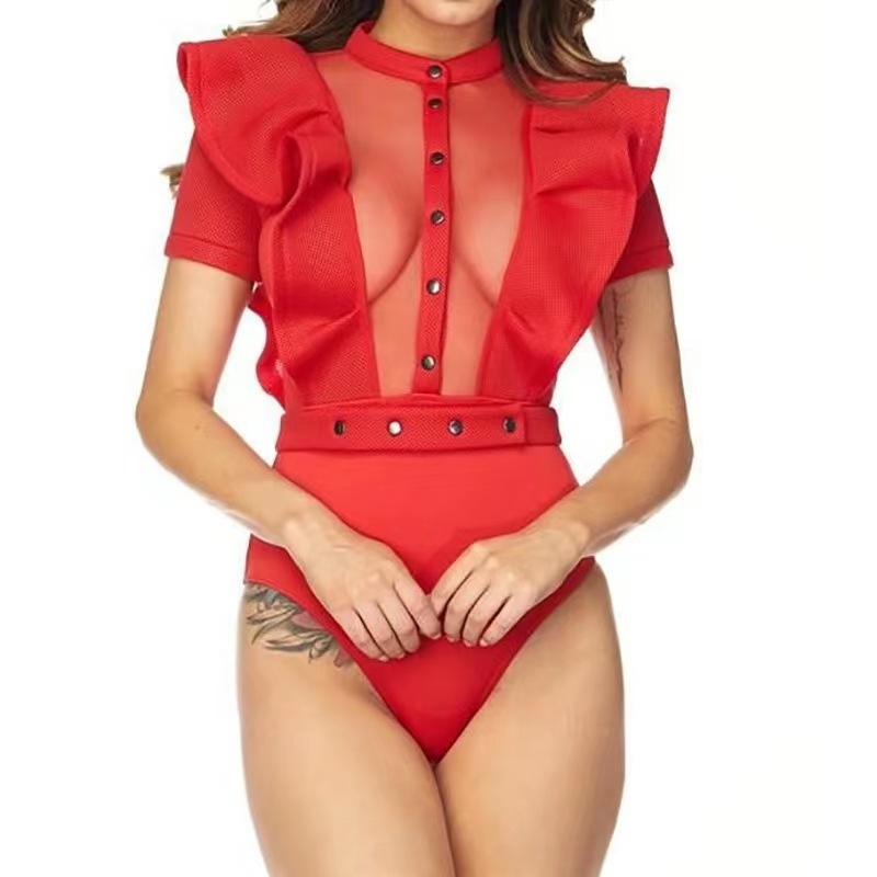 HX0255 Jumpsuit lotuslehega õmblustega, äärmiselt madal talje, õhuke lõige, polüester-spandeks