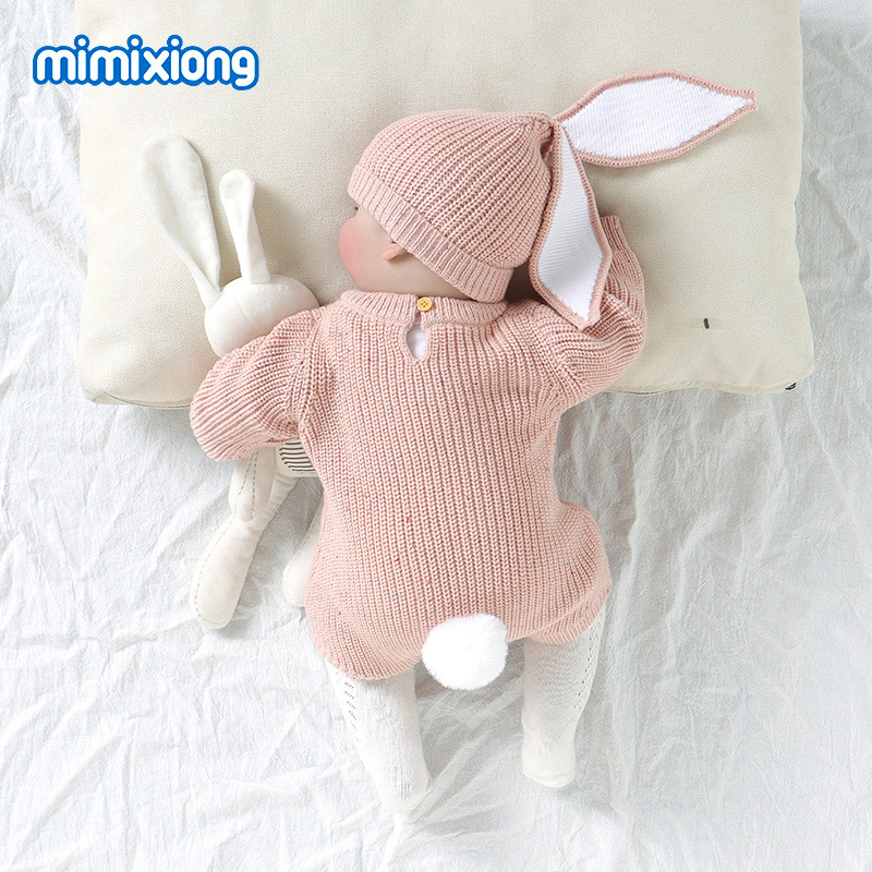 Bebe pleteni jumpsuit s izvezenim zekom i trokutastim uzorkom, korejski stil, 55% akril, odvojiva kapuljača