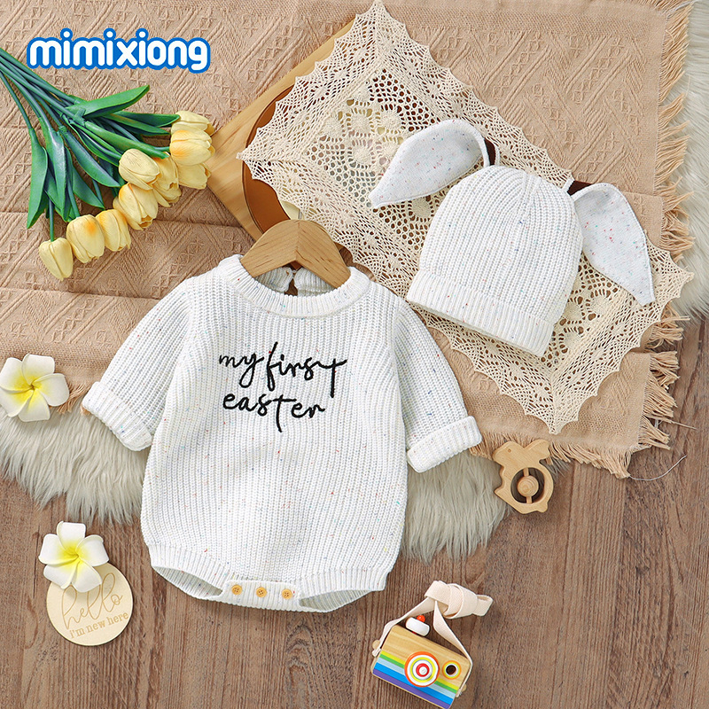 Bebe pleteni jumpsuit s izvezenim zekom i trokutastim uzorkom, korejski stil, 55% akril, odvojiva kapuljača