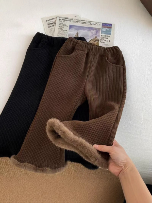 Dječje corduroy hlače, šire krojenje, s fleece podlogom, jesen-zima 2024, srednji pojas, elastični pojas, Vinylon 50%