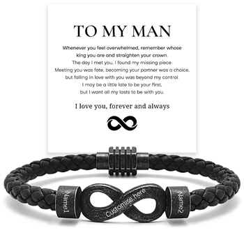 Vintage bőr karkötő gravírozható végtelen szimbólummal és rozsdamentes acél gyűrűvel férfiaknak