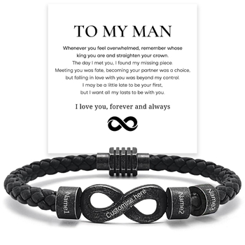 Vintage bőr karkötő gravírozható végtelen szimbólummal és rozsdamentes acél gyűrűvel férfiaknak