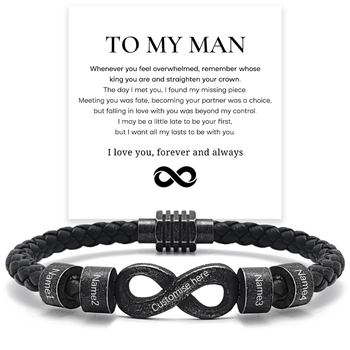 Vintage bőr karkötő gravírozható végtelen szimbólummal és rozsdamentes acél gyűrűvel férfiaknak