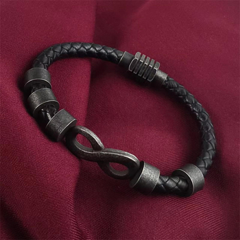 Vintage bőr karkötő gravírozható végtelen szimbólummal és rozsdamentes acél gyűrűvel férfiaknak