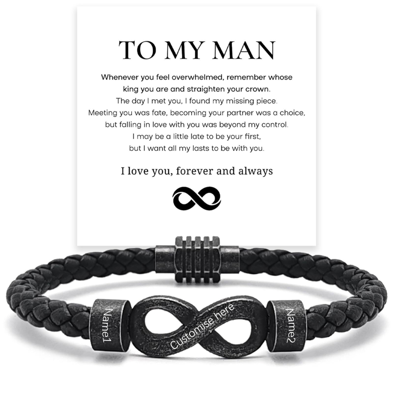 Vintage bőr karkötő gravírozható végtelen szimbólummal és rozsdamentes acél gyűrűvel férfiaknak