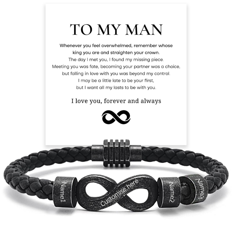 Vintage bőr karkötő gravírozható végtelen szimbólummal és rozsdamentes acél gyűrűvel férfiaknak