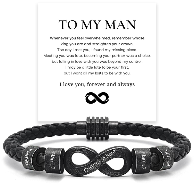 Vintage bőr karkötő gravírozható végtelen szimbólummal és rozsdamentes acél gyűrűvel férfiaknak