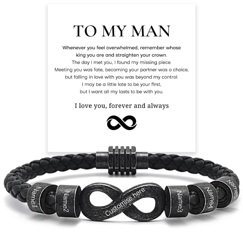 Vintage bőr karkötő gravírozható végtelen szimbólummal és rozsdamentes acél gyűrűvel férfiaknak