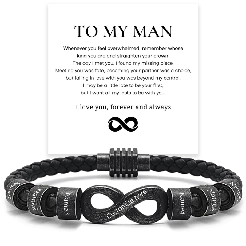 Vintage bőr karkötő gravírozható végtelen szimbólummal és rozsdamentes acél gyűrűvel férfiaknak