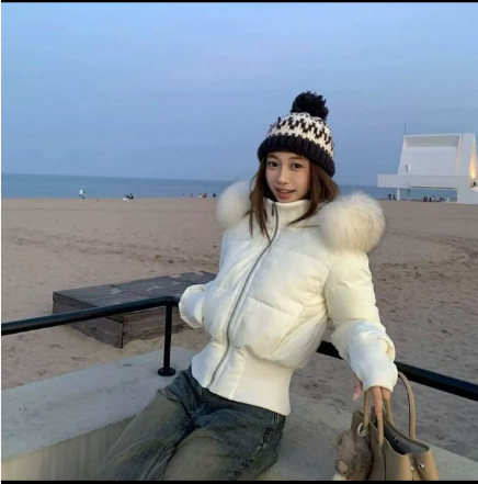 Ženski kaput s kapuljačom, punjenje poliester-bavlja, debeli materijal, stojeći ovratnik s krznom, kratka dužina, dugi rukavi, zima 2025, casual stil japansko-korejski