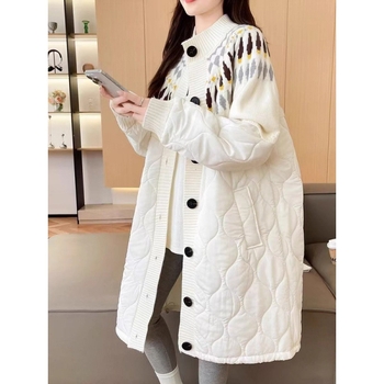 Jakna od pamuka s punjenjem poliester-pamučni, Chenille tkanina, ovčja vuna, srednja duljina, V-izrez, bez ovratnika, zatvara se jednim redom kopči i spravom