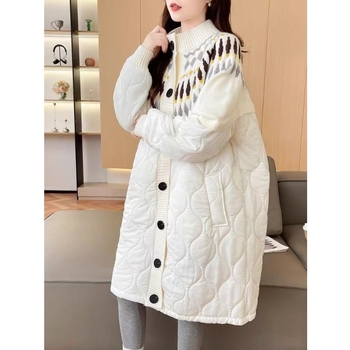 Jakna od pamuka s punjenjem poliester-pamučni, Chenille tkanina, ovčja vuna, srednja duljina, V-izrez, bez ovratnika, zatvara se jednim redom kopči i spravom