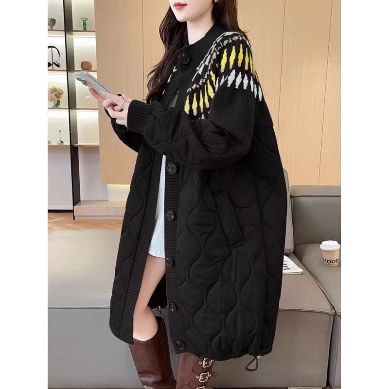 Jakna od pamuka s punjenjem poliester-pamučni, Chenille tkanina, ovčja vuna, srednja duljina, V-izrez, bez ovratnika, zatvara se jednim redom kopči i spravom