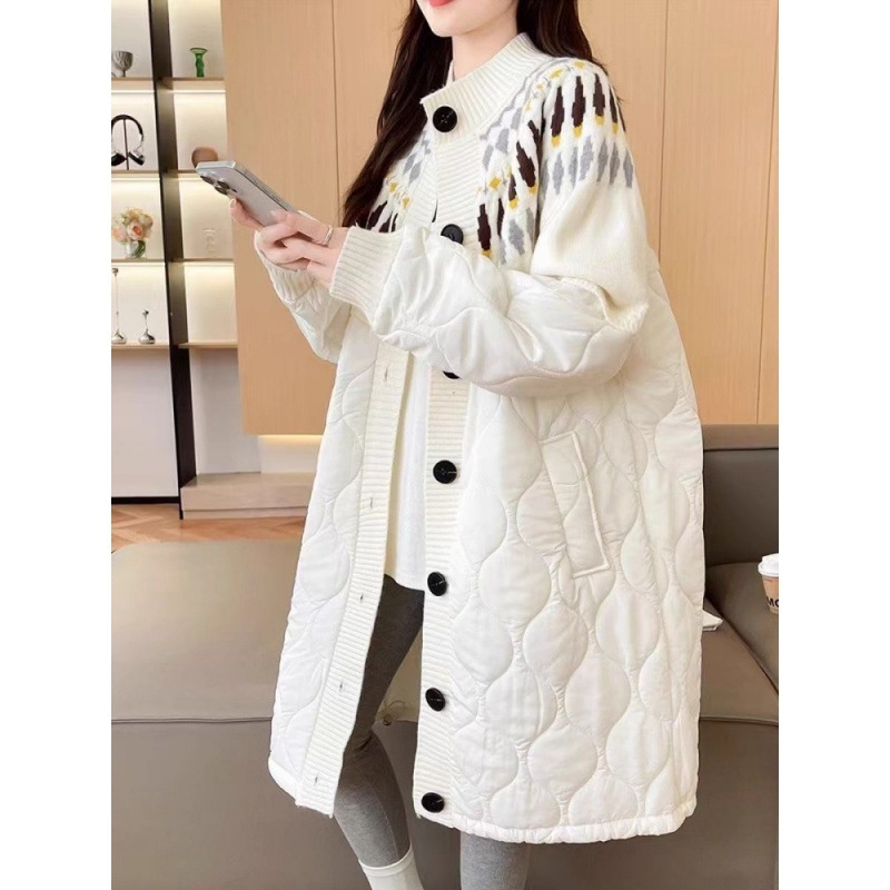 Jakna od pamuka s punjenjem poliester-pamučni, Chenille tkanina, ovčja vuna, srednja duljina, V-izrez, bez ovratnika, zatvara se jednim redom kopči i spravom