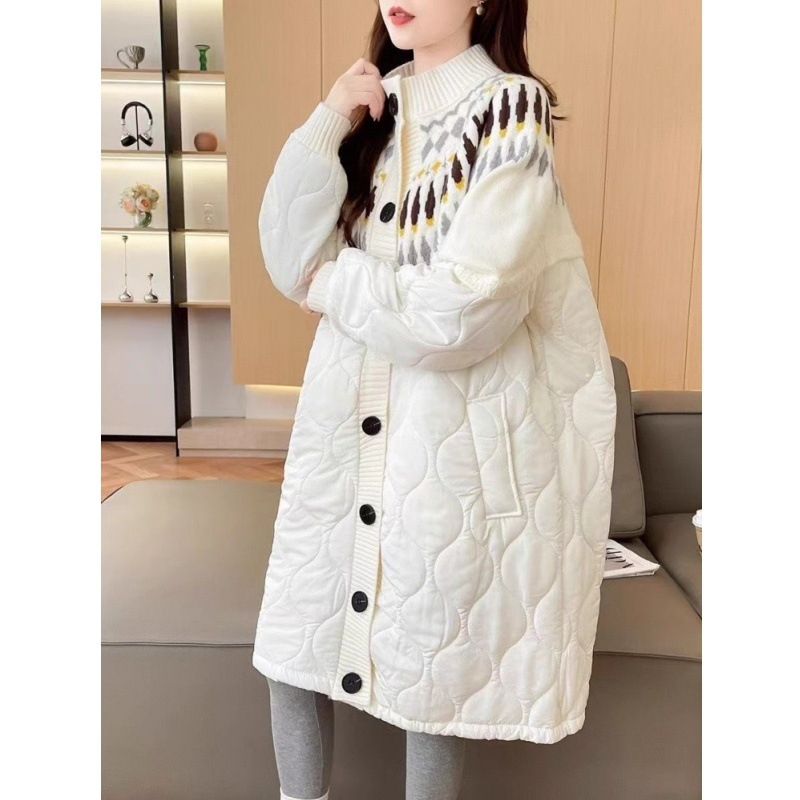 Jakna od pamuka s punjenjem poliester-pamučni, Chenille tkanina, ovčja vuna, srednja duljina, V-izrez, bez ovratnika, zatvara se jednim redom kopči i spravom