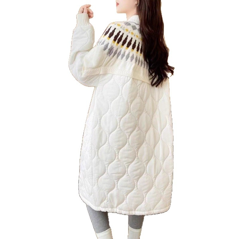 Jakna od pamuka s punjenjem poliester-pamučni, Chenille tkanina, ovčja vuna, srednja duljina, V-izrez, bez ovratnika, zatvara se jednim redom kopči i spravom