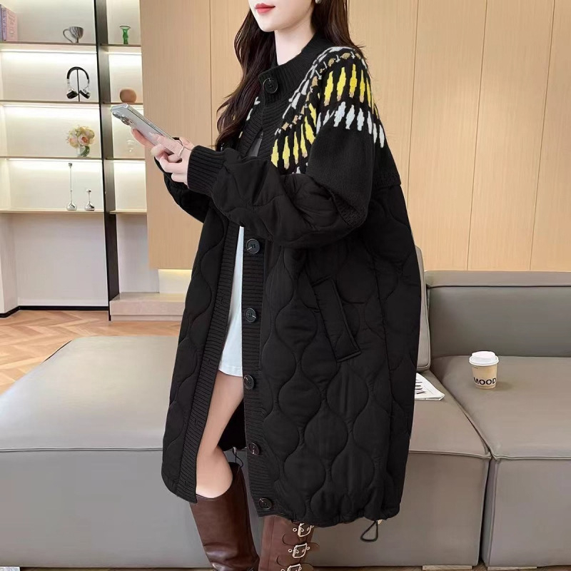 Jakna od pamuka s punjenjem poliester-pamučni, Chenille tkanina, ovčja vuna, srednja duljina, V-izrez, bez ovratnika, zatvara se jednim redom kopči i spravom