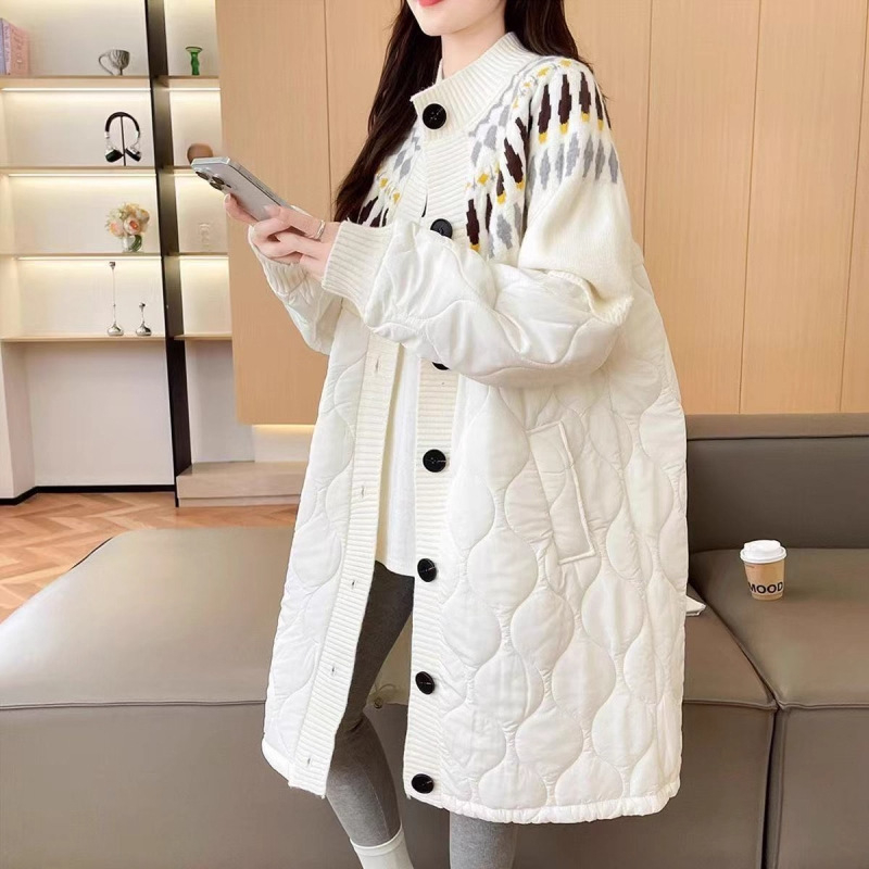 Jakna od pamuka s punjenjem poliester-pamučni, Chenille tkanina, ovčja vuna, srednja duljina, V-izrez, bez ovratnika, zatvara se jednim redom kopči i spravom