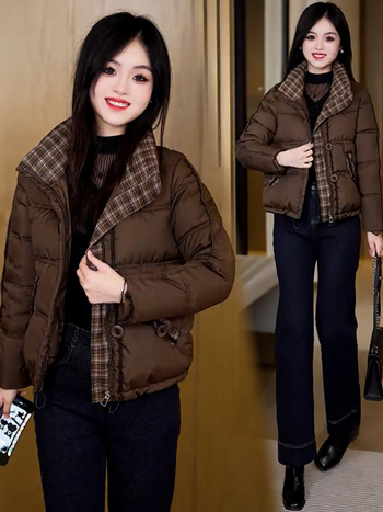 Ženski kratki kaput s pamučnim punjenjem, karirani uzorak, zatvarač, stojeći ovratnik, dugi rukavi