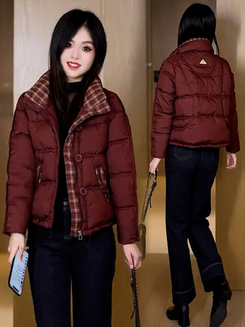 Ženski kratki kaput s pamučnim punjenjem, karirani uzorak, zatvarač, stojeći ovratnik, dugi rukavi