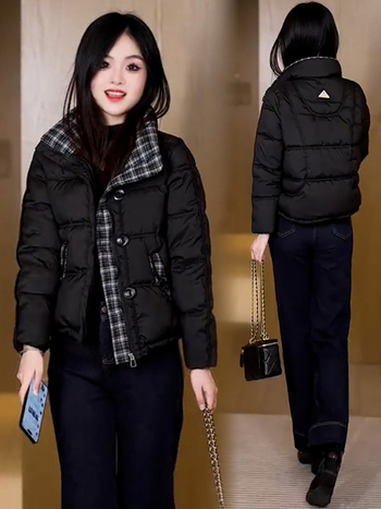 Ženski kratki kaput s pamučnim punjenjem, karirani uzorak, zatvarač, stojeći ovratnik, dugi rukavi