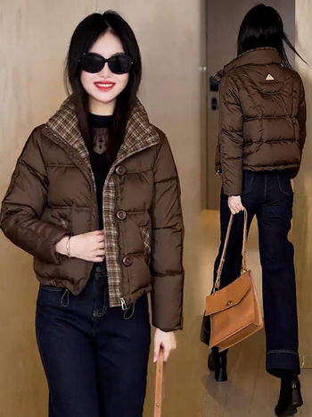 Ženski kratki kaput s pamučnim punjenjem, karirani uzorak, zatvarač, stojeći ovratnik, dugi rukavi