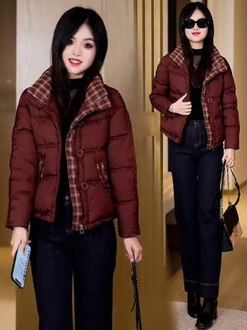 Ženski kratki kaput s pamučnim punjenjem, karirani uzorak, zatvarač, stojeći ovratnik, dugi rukavi