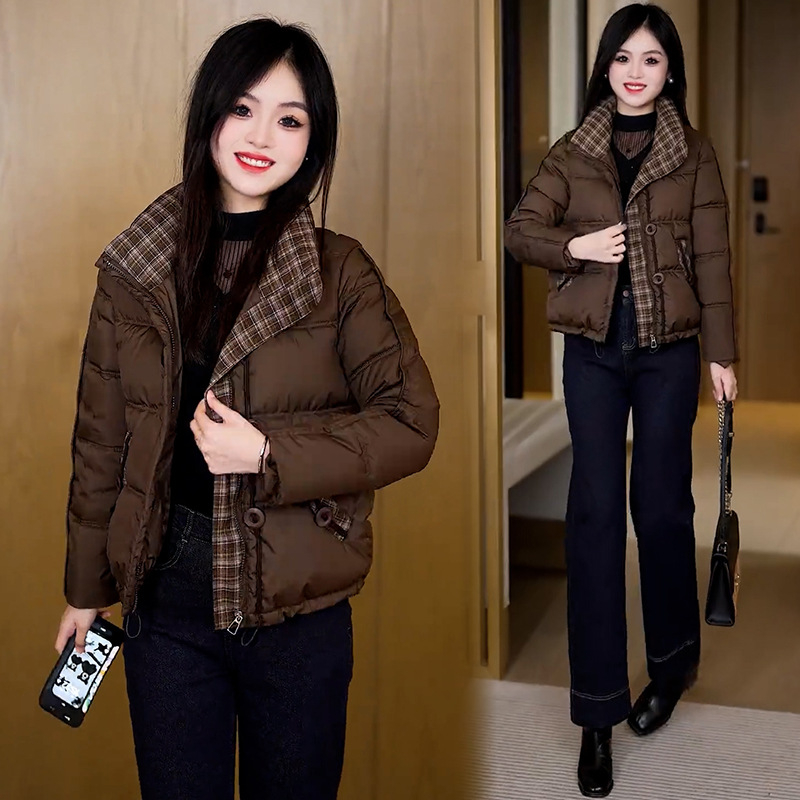 Ženski kratki kaput s pamučnim punjenjem, karirani uzorak, zatvarač, stojeći ovratnik, dugi rukavi