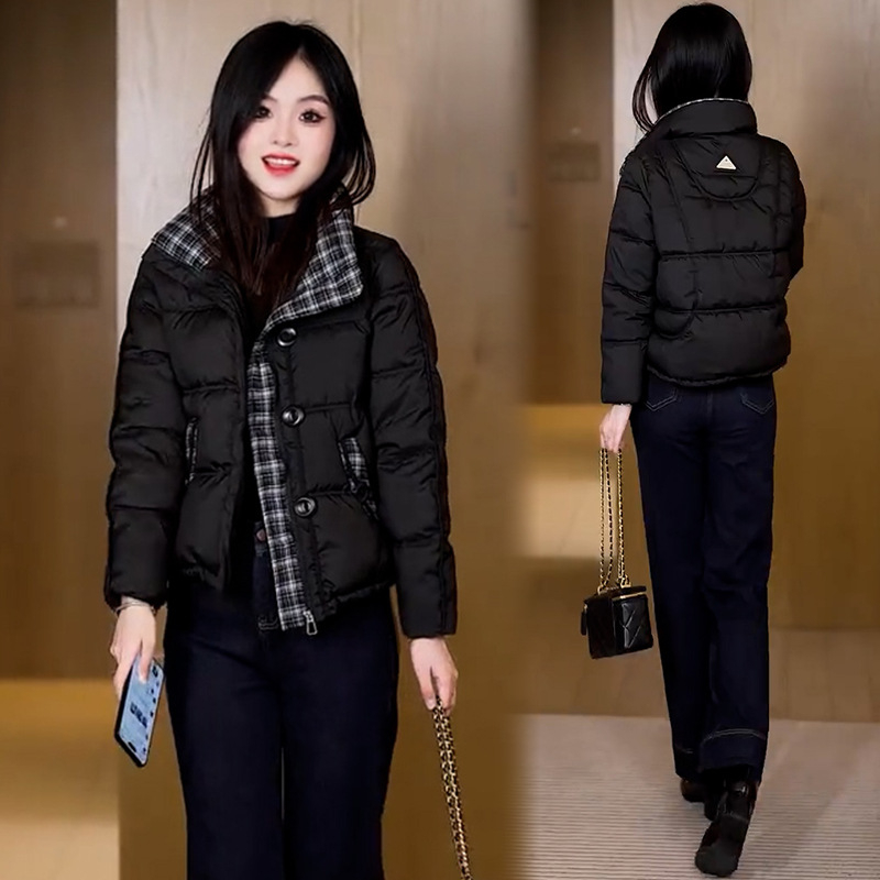 Ženski kratki kaput s pamučnim punjenjem, karirani uzorak, zatvarač, stojeći ovratnik, dugi rukavi