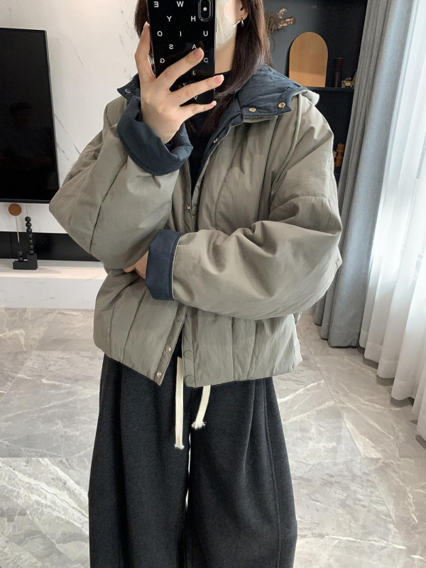 Pamukom punjena jakna s kapuljačom, batwing rukavi, širok kroj, jednostruko kopčanje