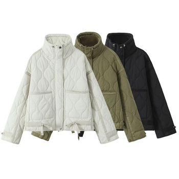 Pamukasti presiven kaput s stojećim ovratnikom, punjenje poliester-pamučno, dugi rukavi, labavi kroj, zatvaranje na zip