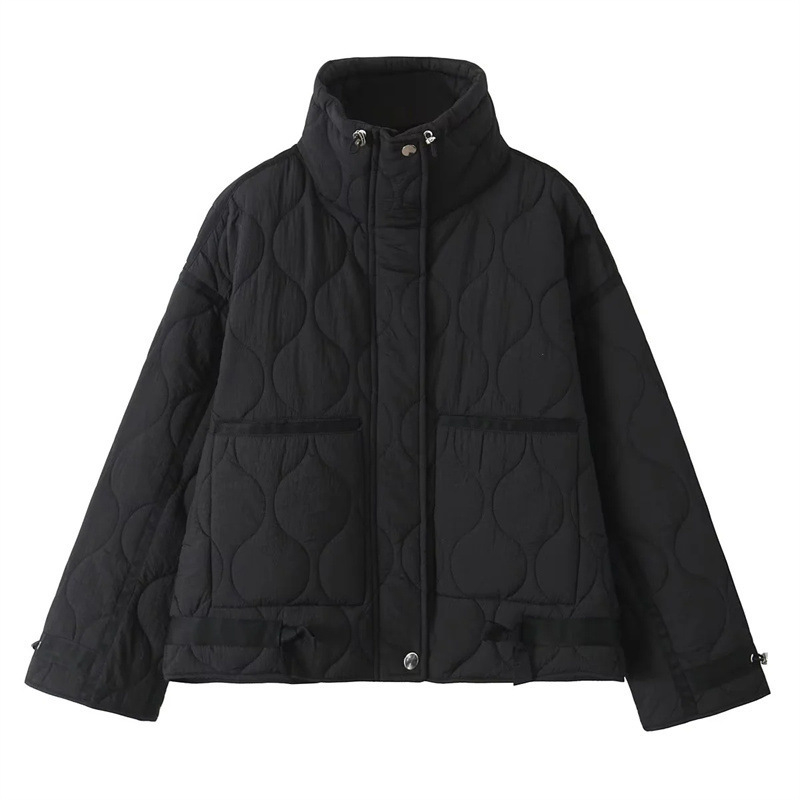 Pamukasti presiven kaput s stojećim ovratnikom, punjenje poliester-pamučno, dugi rukavi, labavi kroj, zatvaranje na zip